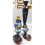 A pair of Chinese cloisonne vases and a smaller pair of cloisonne vases, and two mother of pearl