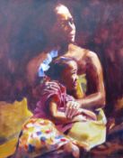 Hazel Soan (Modern British), oil on canvas, Portrait of an African mother and child, 60 x 75cm