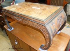 A Chinese rectangular relief carved hardwood low coffee table. W-91, D-46, H-41cm.