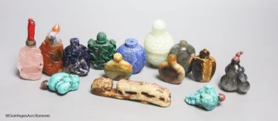 Thirteen mixed Chinese lapis lazuli, turquoise and other carved snuff bottles