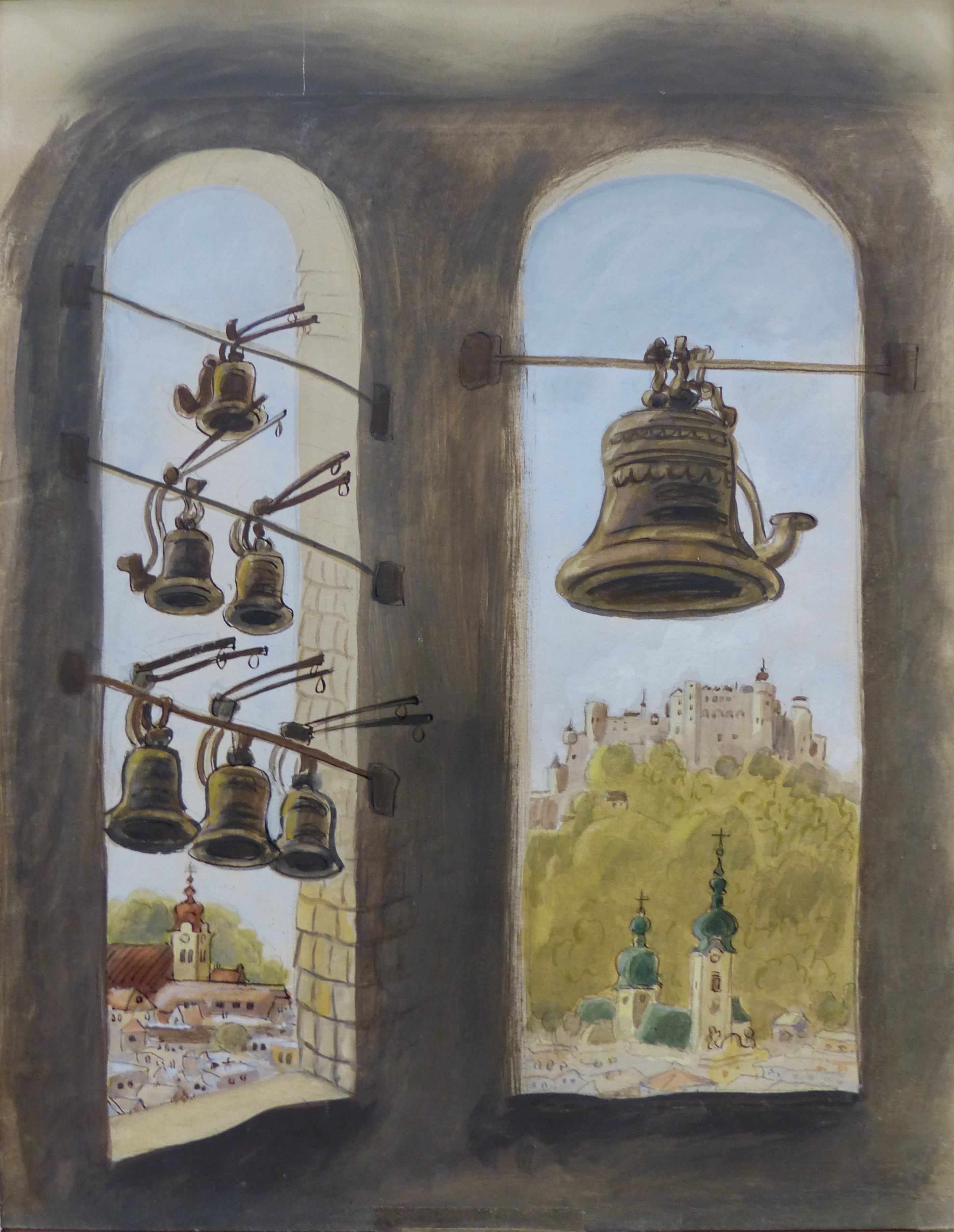 Walter Trier (1890-1951), ink and watercolour, Bells of the Glockenspiel, unsigned, 40 x 31cm