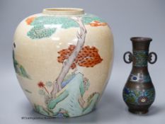 A large Chinese crackle glaze jar, height 24cm and a Japanese champleve enamel bronze vase