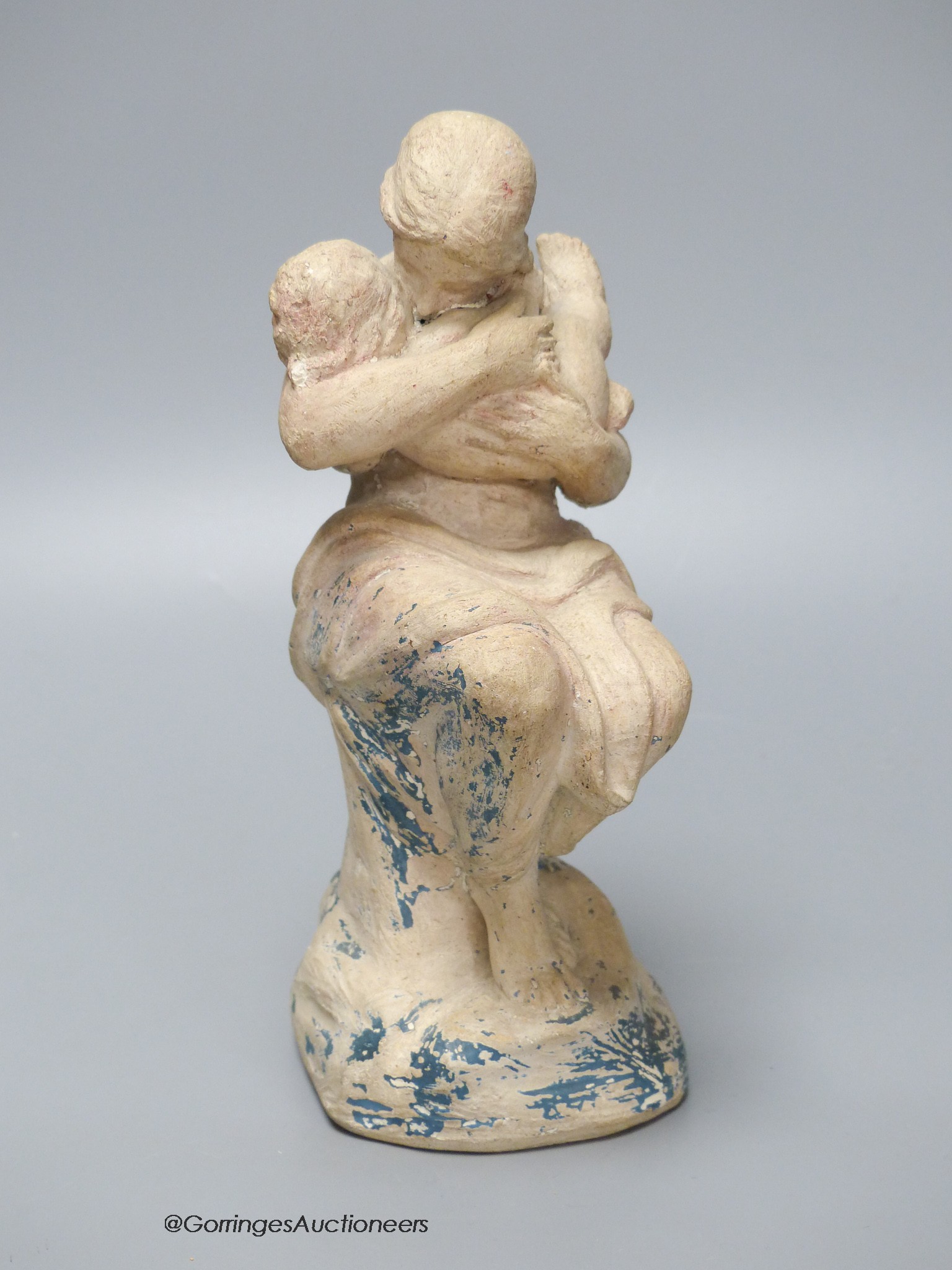 A Julian Bell terracotta figure of mother and child, with traces of original paint, base