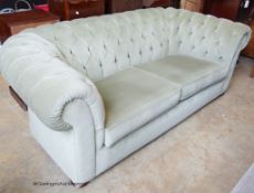 A Victorian style button chesterfield settee, upholstered in green dralon, W-210, D-100, H-72cm.