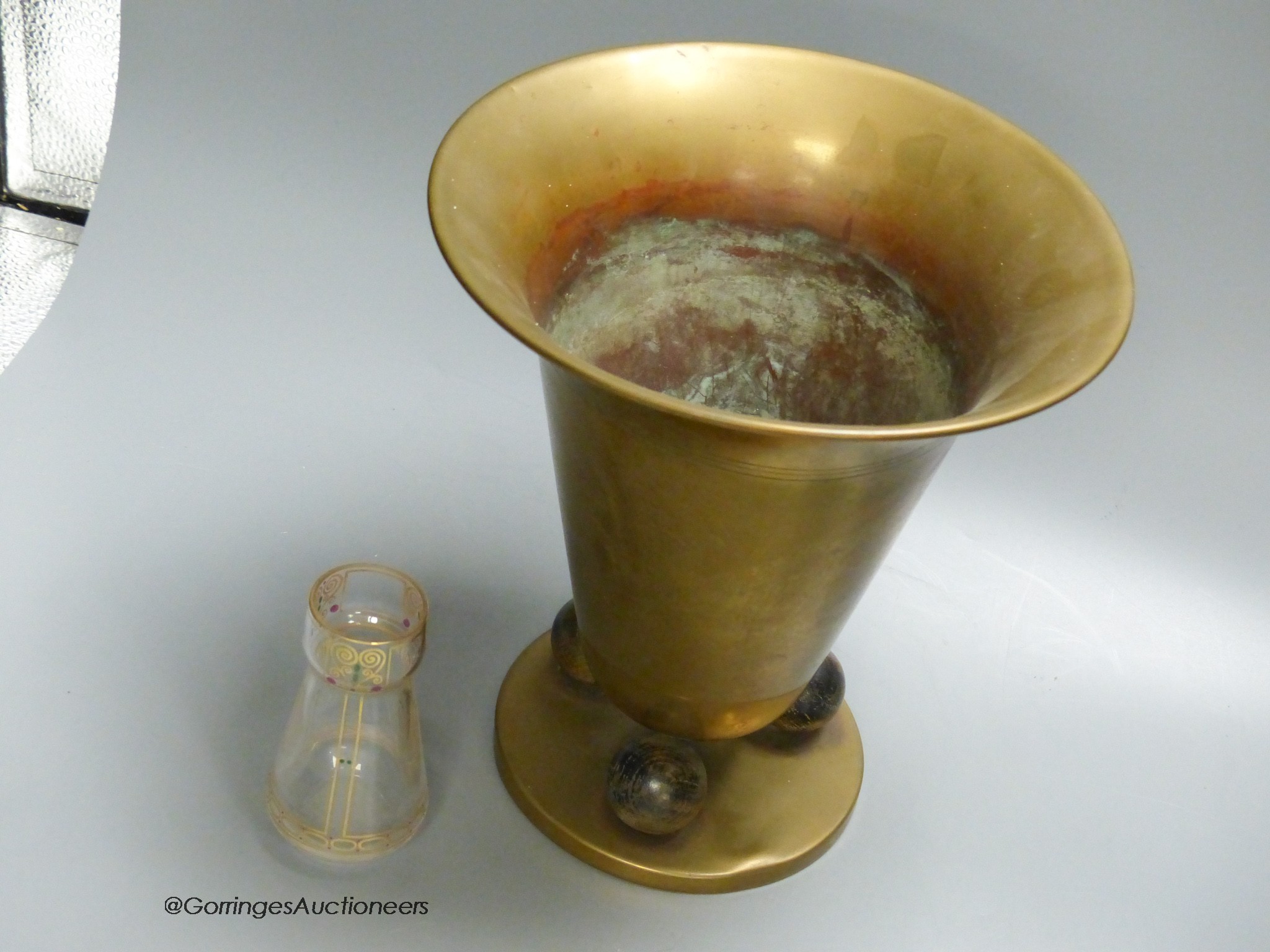 A Hoffman style brass vase and a small secessionist style glass vase, 24cm tall - Image 3 of 3