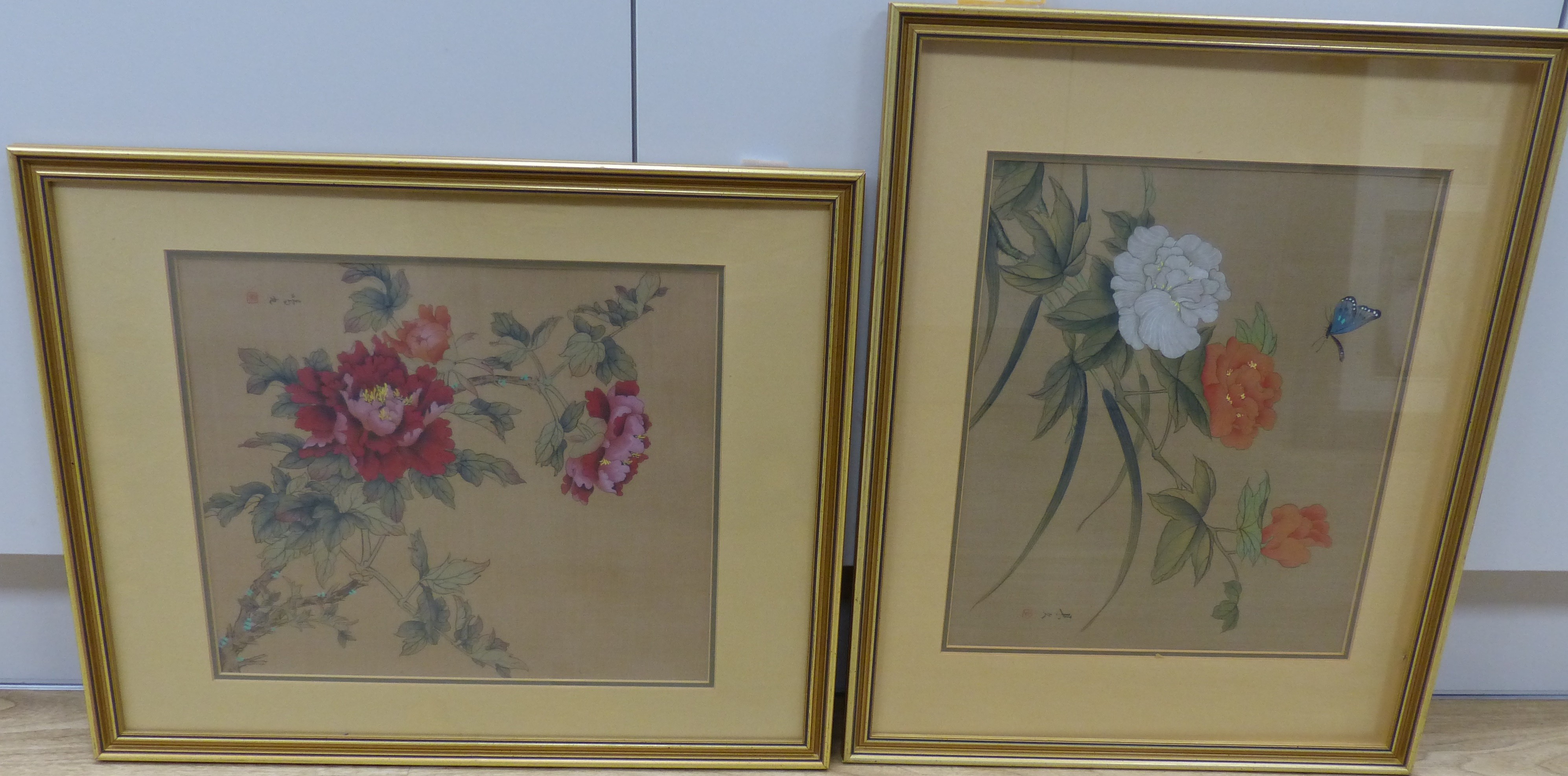 A pair of Chinese watercolours on silk, Butteflies among peony, 36 x 30cm