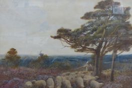 William Langley (1852-1922), watercolour, Landscape with shepherd and sheep, signed and dated, 54 x