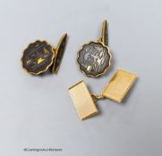 A single 9ct cufflink, 2.2 grams and a pair of Japanese Shakudo cufflinks.