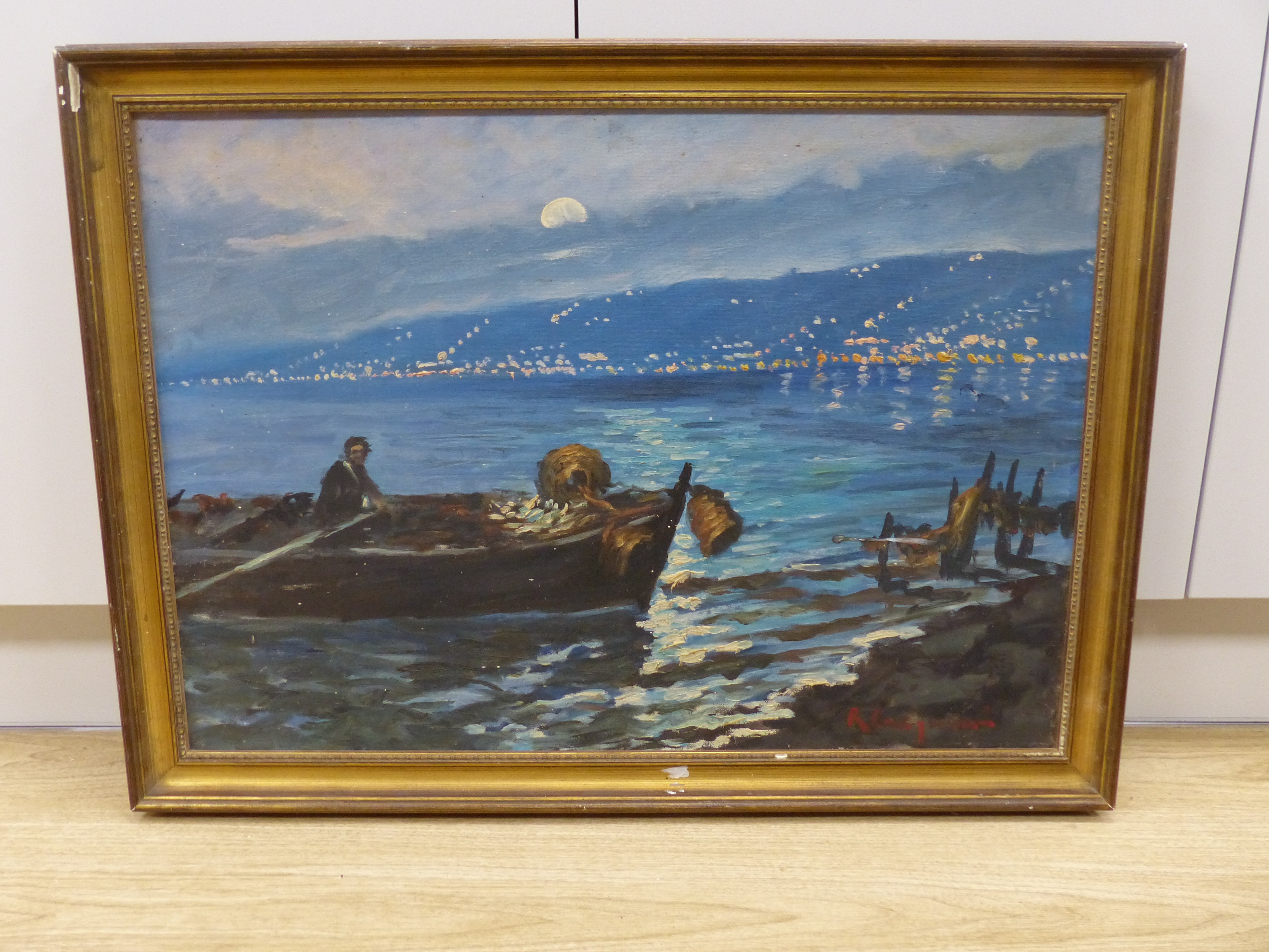 Roberto Carignani (1894-...), oil on canvas, Fishing boat in the Bay of Naples at night, signed, - Image 2 of 4