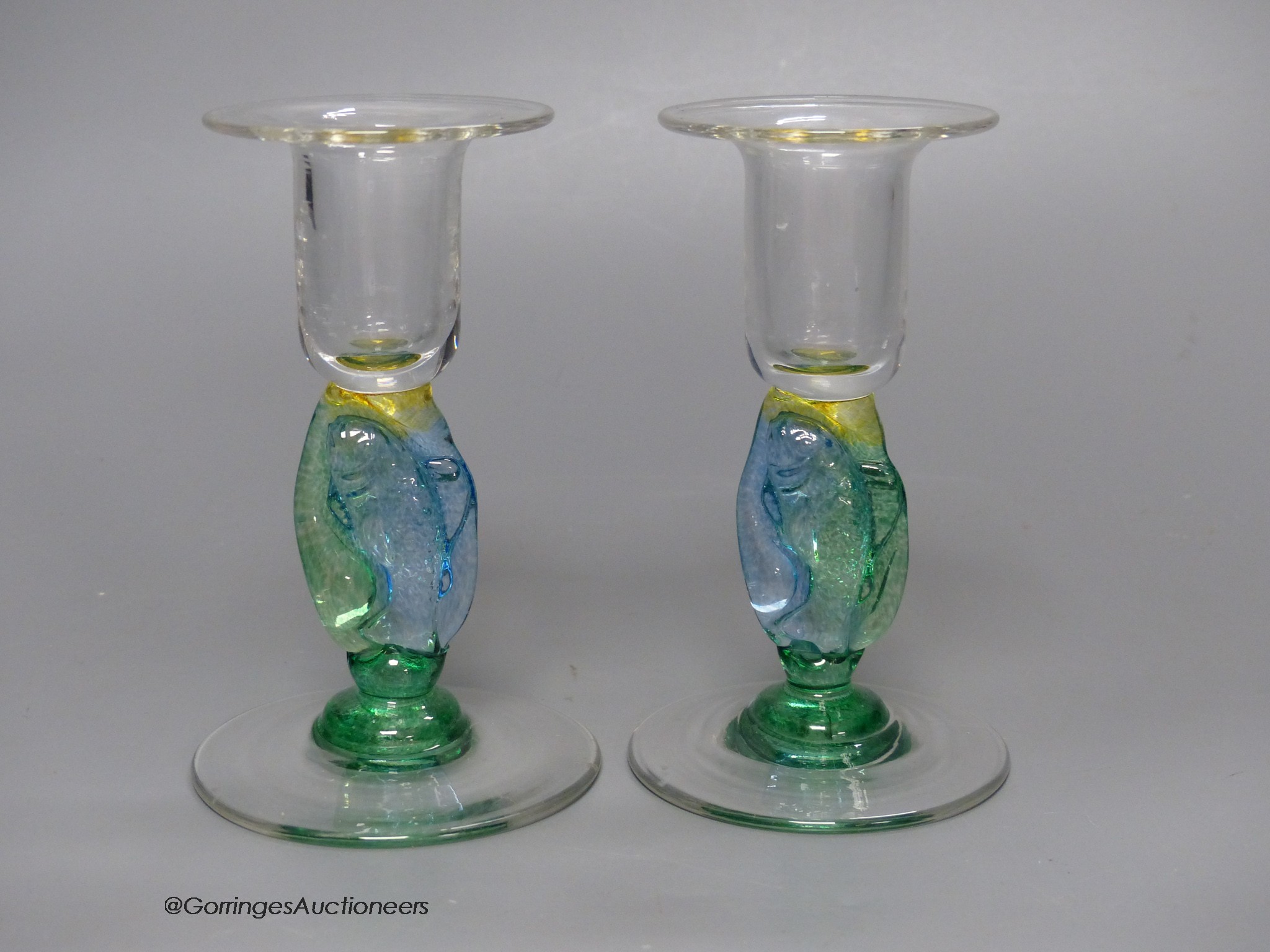 A pair of clear and coloured glass candlesticks by Helen Millard,the stems with fish design, - Image 5 of 5