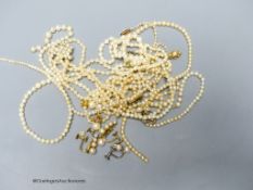Four assorted single strand cultured pearl necklaces, a similar bracelet(a.f.) and other items