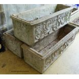 A set of three reconstituted stone rectangular garden planters. W-83, H-25cm.