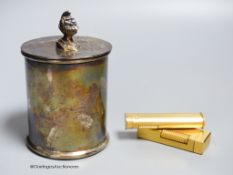 A silver plated caddy, 12cm, and two lighters