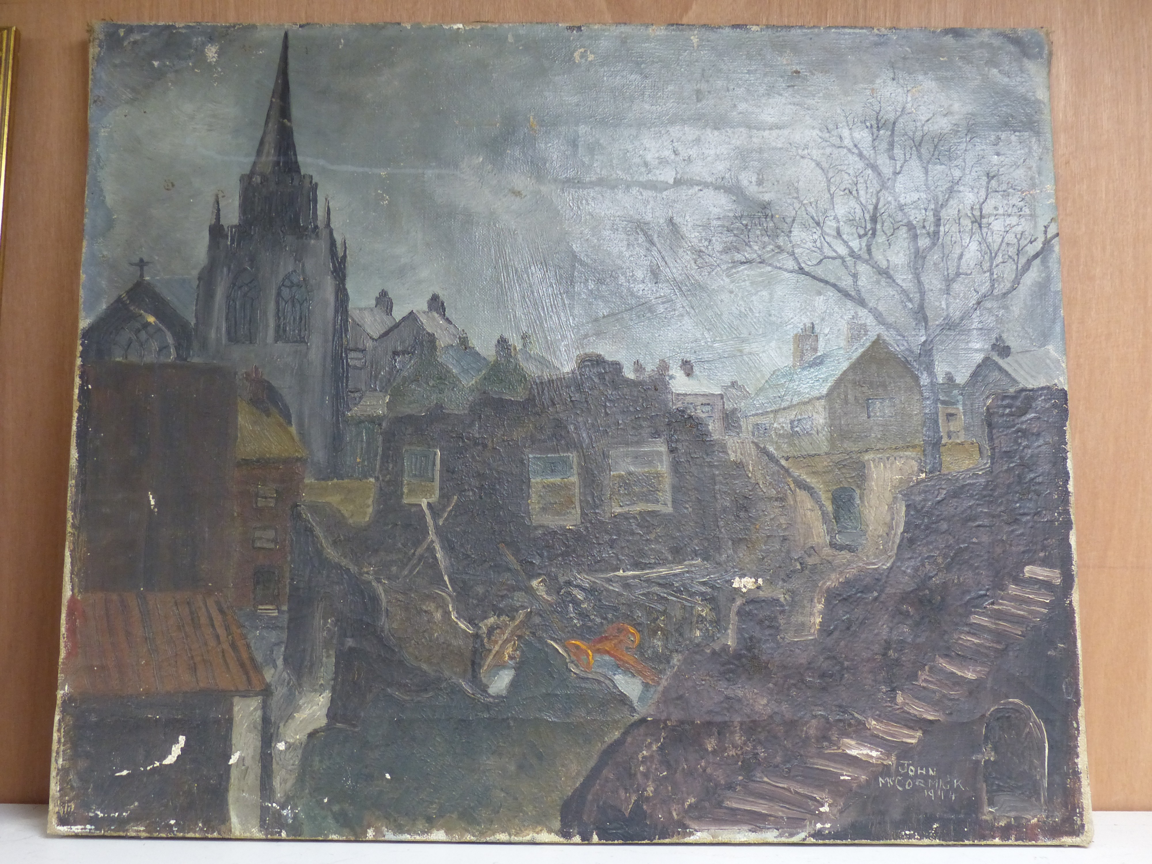 John McCormick, oil on canvas, Townscape during The Blitz, signed and dated 1944, 56 x 67cm, - Image 2 of 4