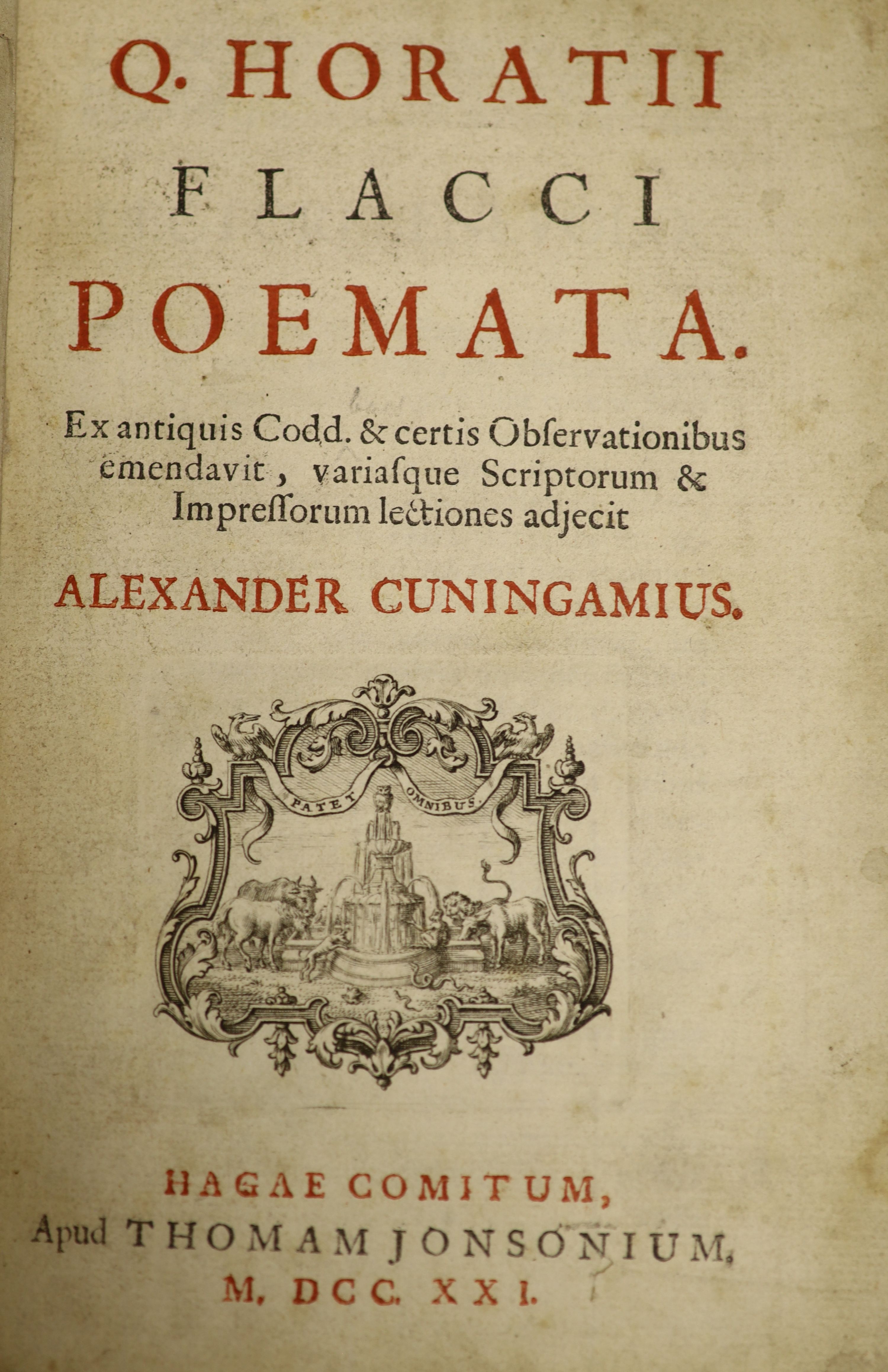 ° Cunningham, Alexander (editor) - Q. Horatii Flacci Poemata, vol 1, (of 2), 8vo, half calf,