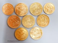 Seven gold sovereigns for the years, 1880, 1884, 1902, 1911, 1912, 1913 & 1979 and two half