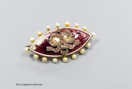 An Edwardian yellow metal, diamond, enamel and seed pearl set navette shaped 'twin hearts' brooch,