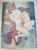 A pair of Japanese woodblock prints - erotic subjects, 25×35 cm