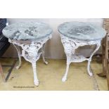 A near pair of Victorian painted cast iron Britannia tables, with later circular marble tops. D-64,