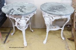 A near pair of Victorian painted cast iron Britannia tables, with later circular marble tops. D-64,