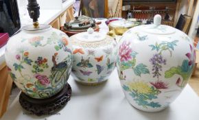 Two Chinese jars and covers and another converted to a lamp, tallest 22cm excl. light fitting