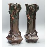 A pair of Art Nouveau style cold painted bronze figural vases, signed Flora, 42.5cm high