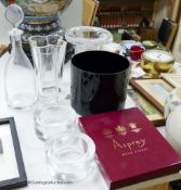 A boxed Aspreys cut glass and plate photgraph frame and seven items of glassware