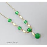 A 9ct, chrysoprase and simulated pearl set drop necklace, 42cm, gross 5.8 grams.