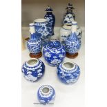 Ten 19th / 20th century Chinese blue and white vases and jars, tallest 29cm including cover