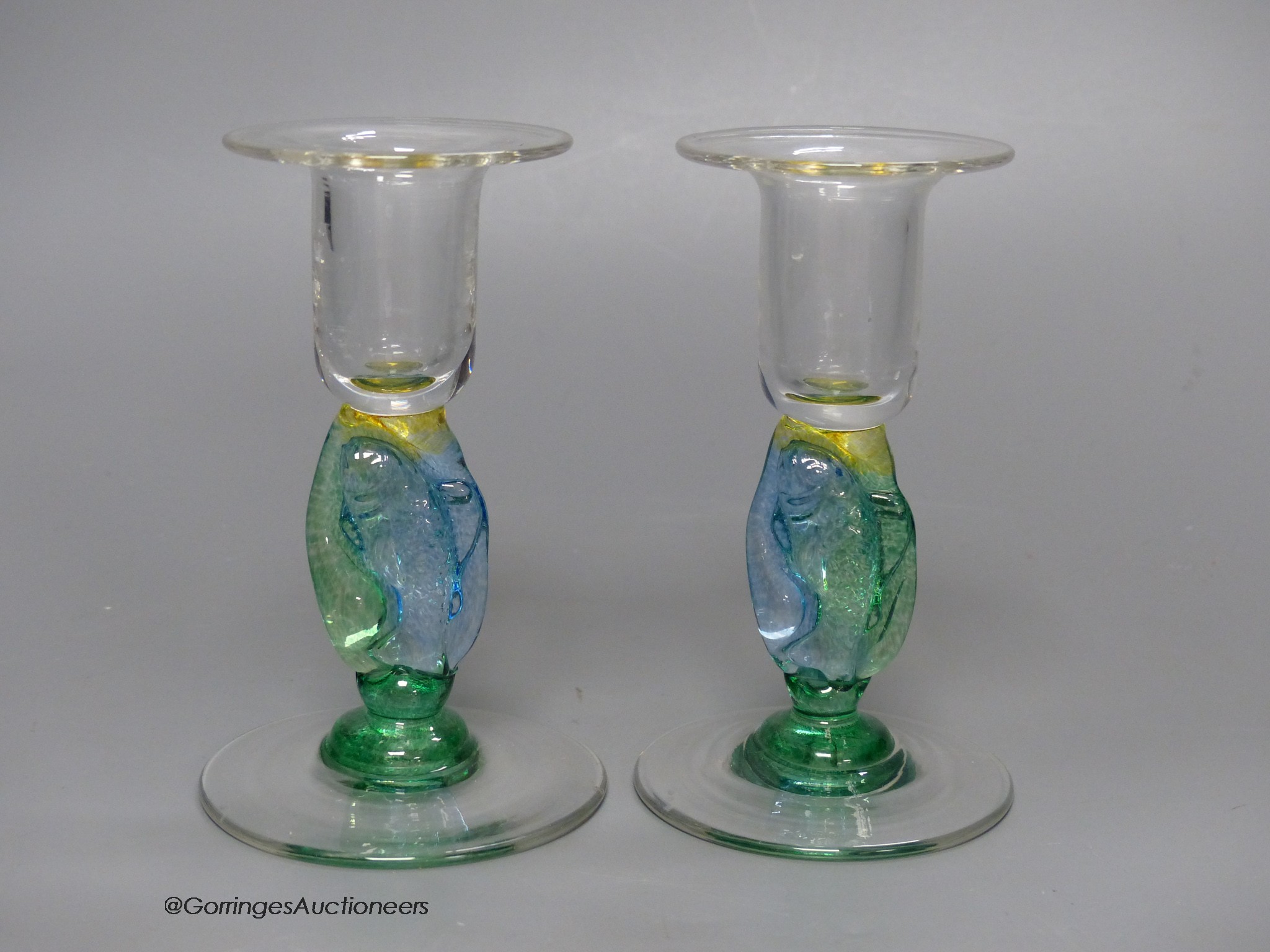 A pair of clear and coloured glass candlesticks by Helen Millard,the stems with fish design, - Image 4 of 5