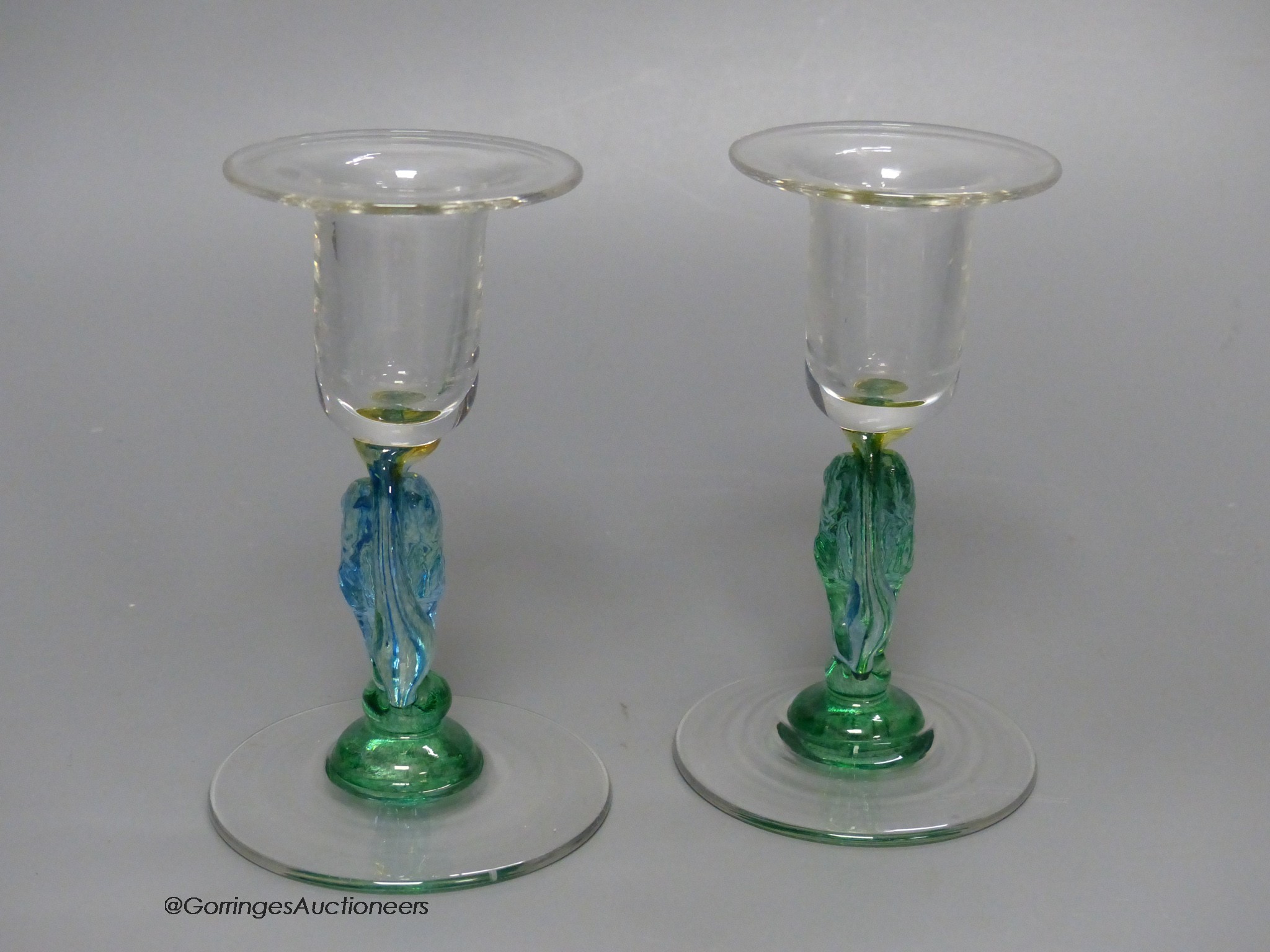 A pair of clear and coloured glass candlesticks by Helen Millard,the stems with fish design, - Image 3 of 5