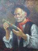 Oil on canvas, Portrait of a gent holding a wine bottle, 56 x 74cm