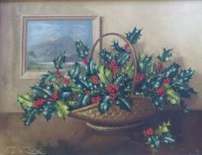 Geoffroy Alan Rock (Canadian) oil on canvas, Still life of holly in a basket, signed, 37 x 50cm