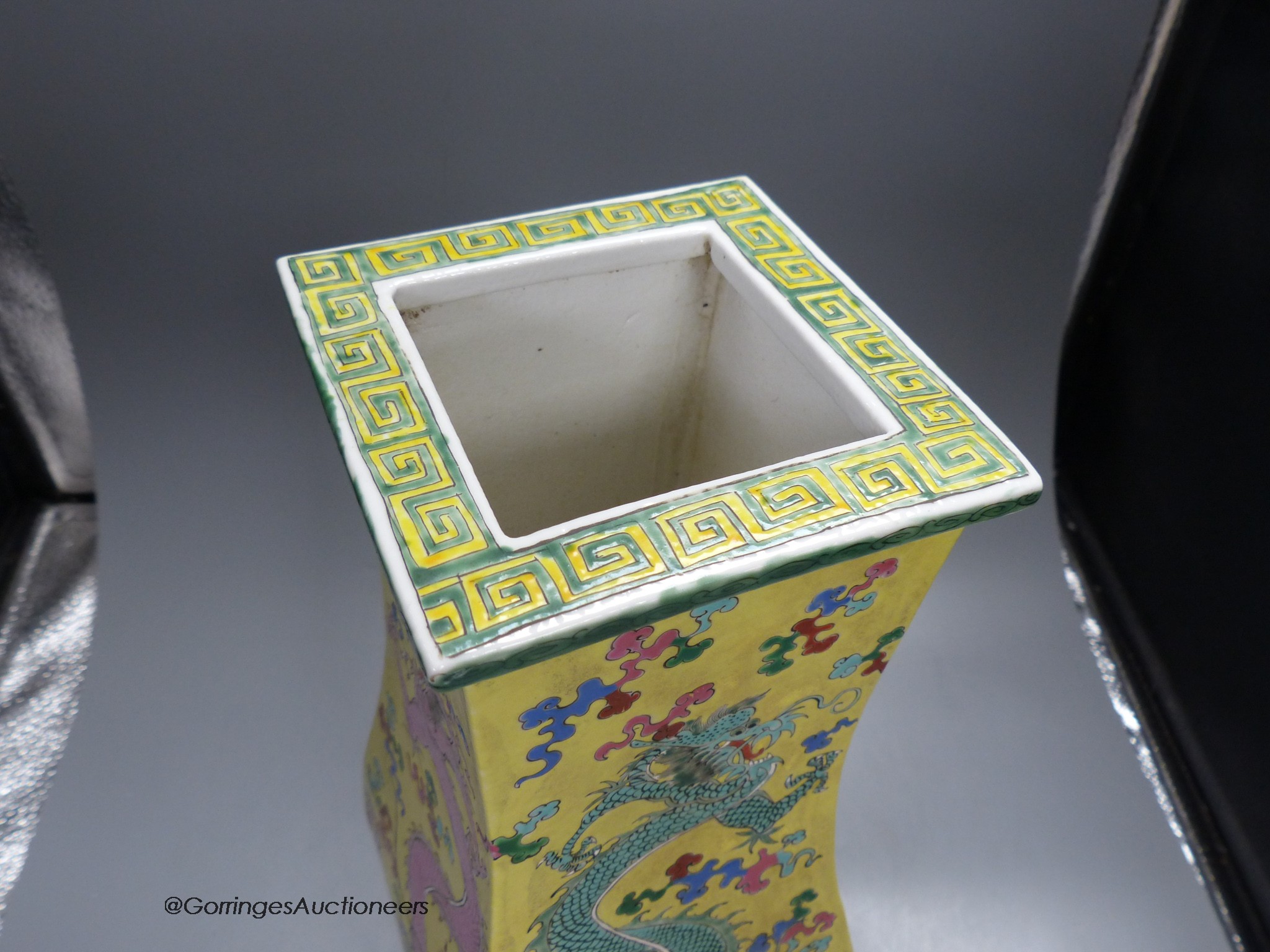 A Chinese yellow ground 'dragon' square baluster vase, 43.5cm high - Image 4 of 5