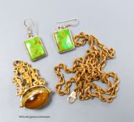 A 9ct. gold chain, 11.3 grams, a yellow metal and tiger's eye pendant, gross 15 grams and a pair of