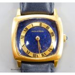 A lady's? 18k yellow metal Jaeger LeCoultre manual wind dress wrist watch with lapis lazuli dial (