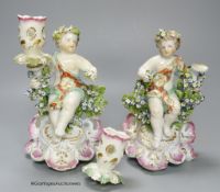 A Derby good pair of candlestick figures of children, 18cm high