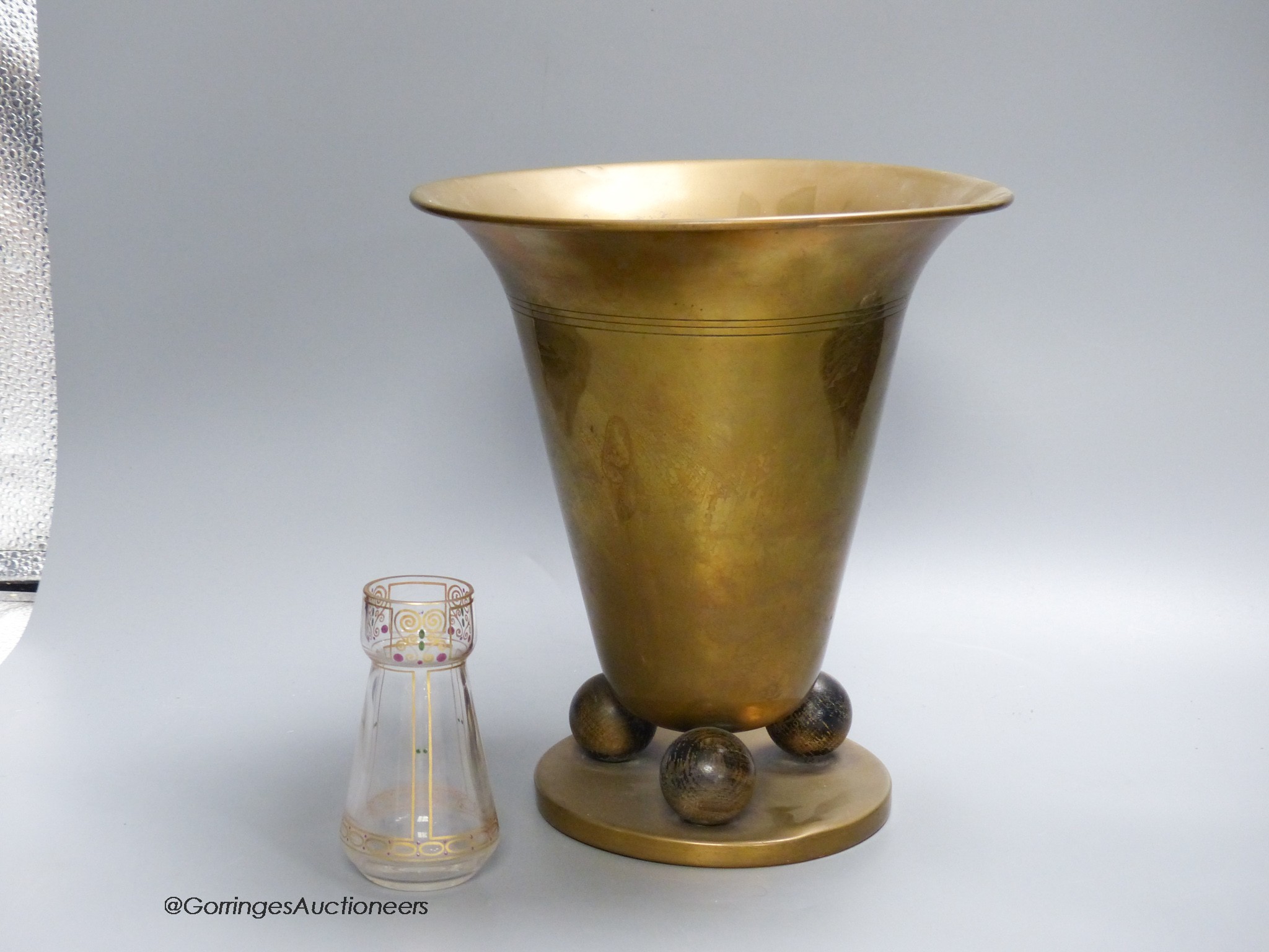 A Hoffman style brass vase and a small secessionist style glass vase, 24cm tall - Image 2 of 3