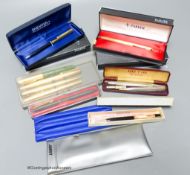 A group of Parker fountain ballpoint pens, Yard-O-Led pencil and a silver propelling pencil etc
