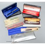 A group of Parker fountain ballpoint pens, Yard-O-Led pencil and a silver propelling pencil etc