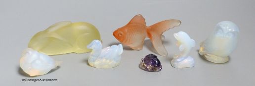 A Lalique owl, 6cm, and other miniature glass ornaments