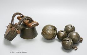 Five 18th century bronze crotal bells, by Robert Wells of Aldbourne, Wiltshire, numbered 3,4 and 8