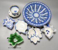 A 19th century Wedgwood blue jasper dish in classical style, five leaf dishes, a blue painted