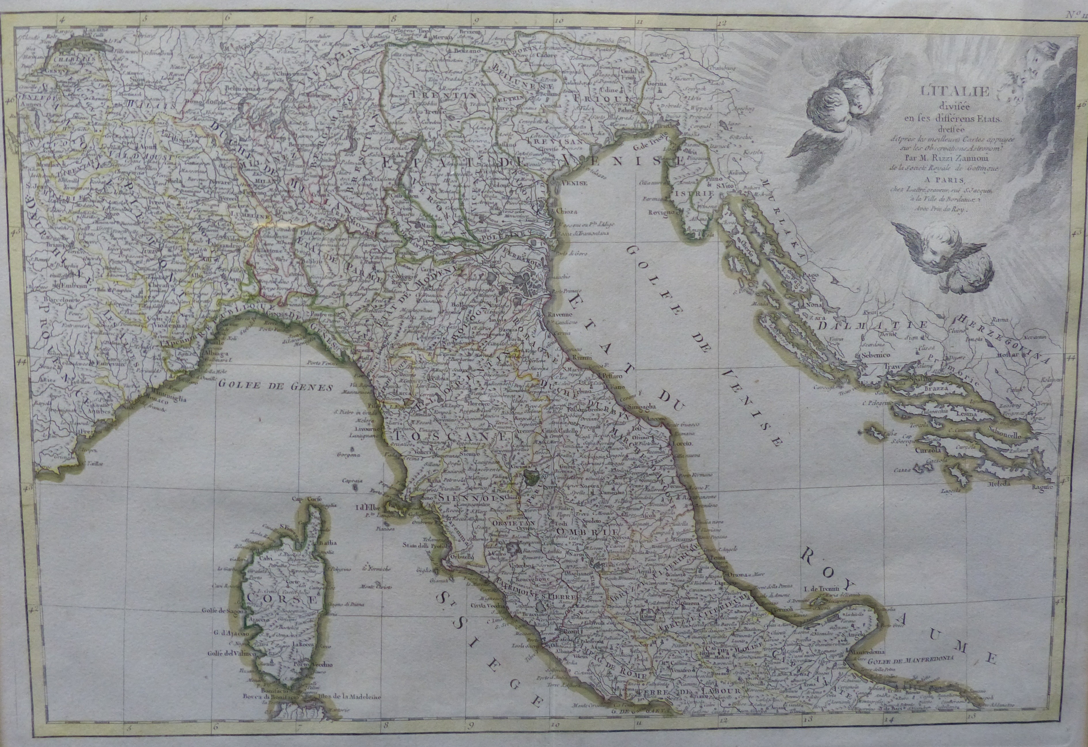 Rizzi Zannoni, 18th century coloured map engraving, North Italy and Corsica 48 x 34 cm