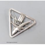 A Georg Jensen sterling dolphin and bulrush triangular brooch, no. 257, designed by Arno