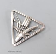A Georg Jensen sterling dolphin and bulrush triangular brooch, no. 257, designed by Arno