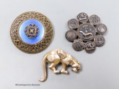 Three assorted brooches including a French white metal, marcasite and enamel, 40mm.