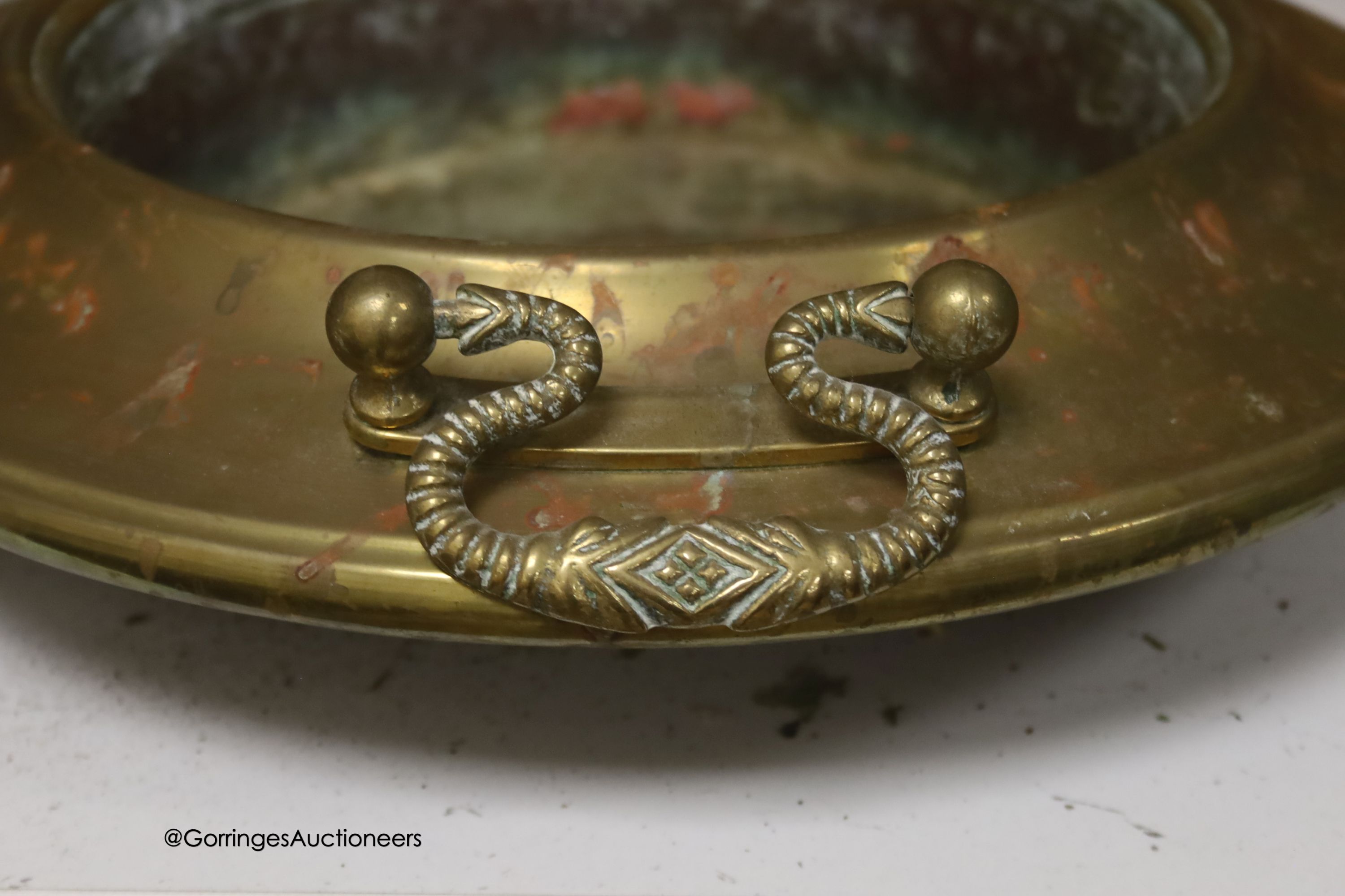 A circular brass two handled bowl, diameter 38cm - Image 4 of 4