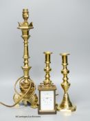 A Matthew Norman brass carriage clock, No.1754 together with a pair of brass candlesticks and a