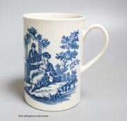 A Worcester 'La Peche and La Promenade Chinoise' pattern cylinder mug, printed in underglaze blue,